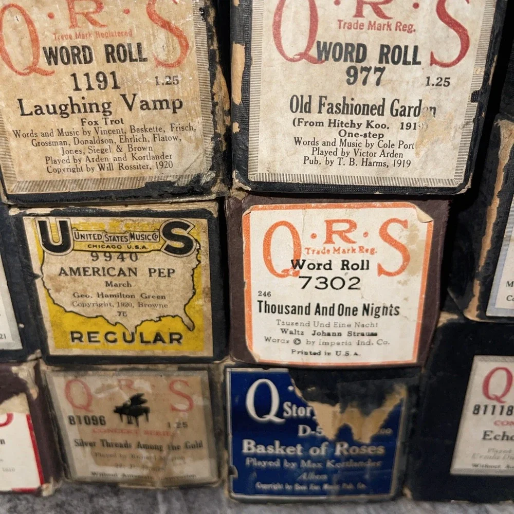 Antique QRS Player Piano Word Rolls Lot of 22 All Original Boxes Labeled As Is